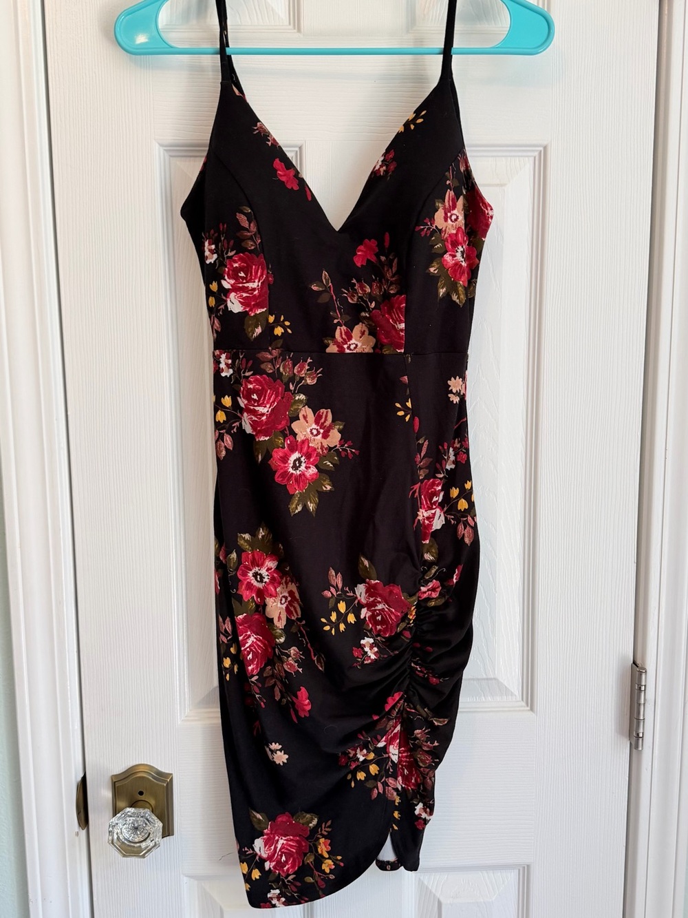 Floral Spaghetti-Strap Black Dress with Pink & Red Roses